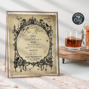 May include: A vintage-style Halloween bar menu with a black and white illustration of a spooky gothic archway with bats, spiders, and a raven. The menu lists drinks including beer, wine, spirits, and non-alcoholic options. The text reads "Bar Menu", "Beer", "Wine", "Spirits", "Non Alcoholic", "Goat Lager", "James Squire's 150 Lashes Pale Ale", "Brown Brothers Prosecco", "Yalumba Pinot Grigio", "Elephant in the Room Pinot Noir", "Gin & Tonic", "Dark & Stormy", "Pineapple Ginger Sparkler", "Mulled Wine".