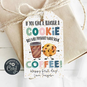 Modello di etichetta regalo per biscotti per insegnanti di ritorno a scuola, etichetta per caffè di apprezzamento per insegnanti, etichette modificabili per il primo giorno di scuola, download immediato