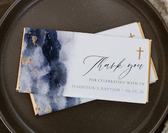 Navy & Gold Baptism Chocolate Bar Wrapper Template, Printable Modern Editable Watercolor Christening Candy Bar Label, Digital Download, #NB