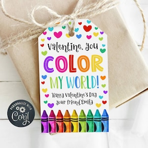 You Color My World Valentine&#39;s Day Gift Tag Template, Printable Valentine Crayon Favor Tag, Editable School Classroom Tag, Instant Download