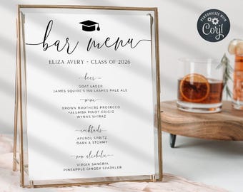 Graduation Bar Menu Sign Template, Printable Elegant Grad Party Drinks Sign, Editable College Graduate Cocktail List, Digital Download, #G1