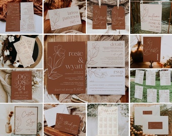 May include: A terracotta wedding invitation suite with a minimalist design featuring a floral motif. The suite includes a welcome sign, save the date card, invitation, RSVP card, details card, table numbers, and a thank you card. The text on the cards reads "Rosie & Wyatt".