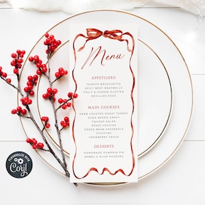 Red Ribbon Weihnachtsmenü Vorlage, Druckbare Red Bow Feiertag Dinner Party Menü, bearbeitbares klassisches Festtagsmenü, Instant Download, #CH3