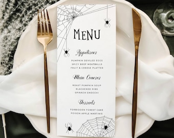 Halloween Spiderweb Menu Template, Printable Halloween Dinner Party Menu, Spiders Gothic Menu, Halloween Table Decor, Digital Download, #HW