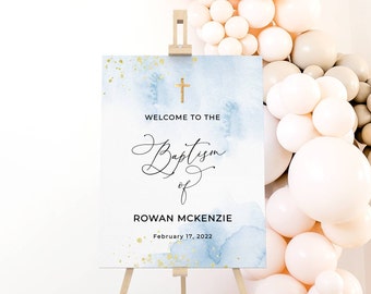 Blue & Gold Baptism Welcome Sign Template, Printable Light Blue Watercolor Christening Sign, Editable Welcome Board, Instant Download, #BB