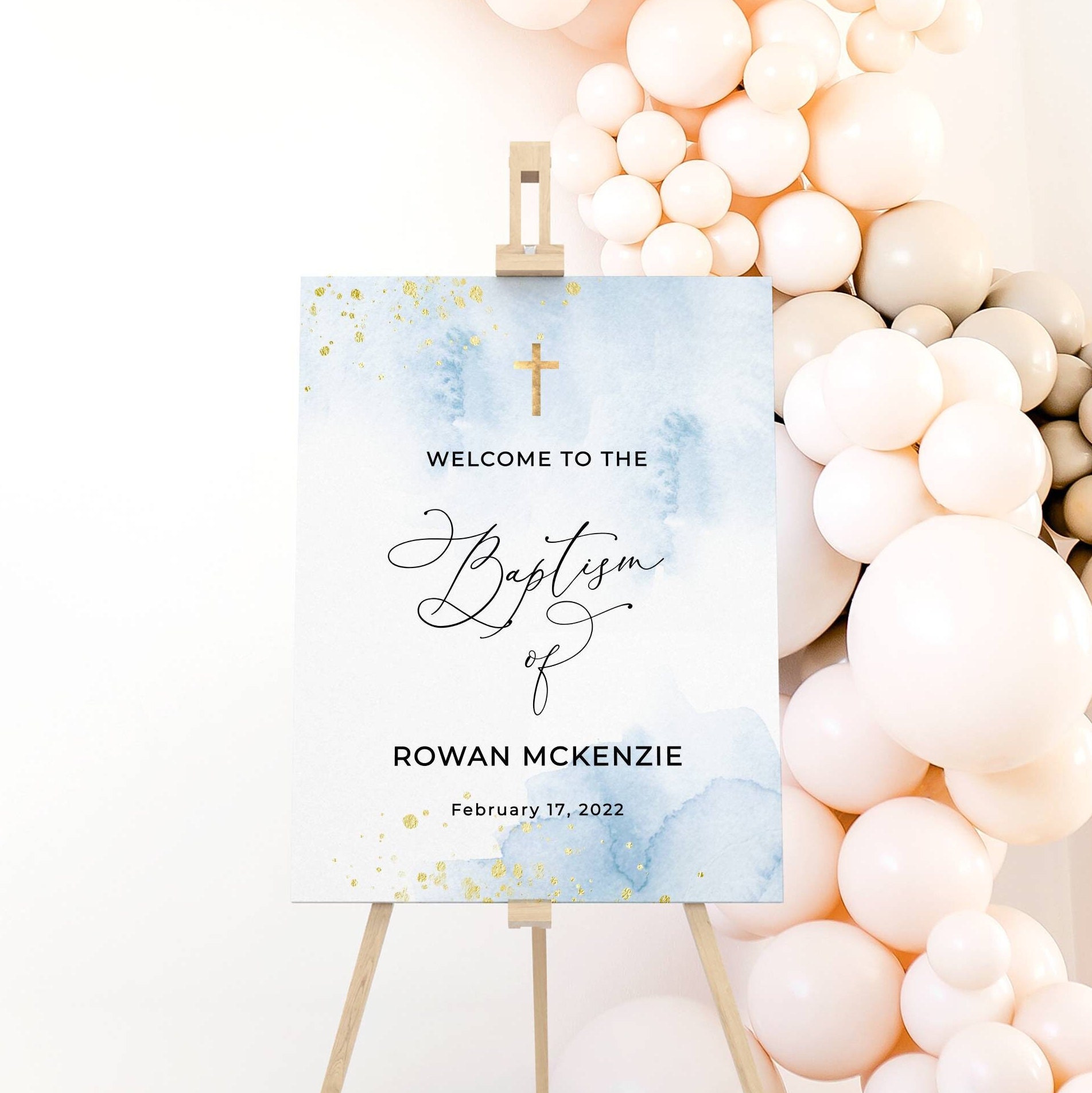 Blue & Gold Baptism Welcome Sign Template, Printable Light Blue Watercolor  Christening Sign, Religious Welcome Board, Instant Download, BB 