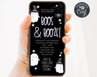 Electronic Boos & Booze Halloween Party Invitation Template, Editable Spooky Cute Ghosts Digital Text Message Evite, Digital Download, #CG