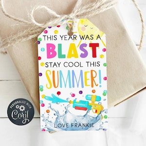 May include: A colourful gift tag with the message "THIS YEAR WAS A BLAST, STAY COOL THIS SUMMER!". A cartoon water pistol graphic is at the bottom, with "LOVE FRANKIE" below. The tag is tied to a wrapped gift with twine.