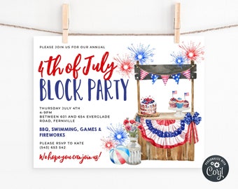 May include: Invitation to a 4th of July block party with a watercolor illustration of a festive food stand decorated with red, white, and blue bunting and fireworks. The text reads "Please join us for our annual 4th of July Block Party" and includes details about the event, including the date, time, location, and activities.