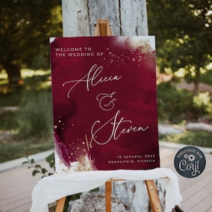 Burgundy Watercolor Welcome Sign Template, Printable Maroon & Gold Wedding Sign, Editable Modern Welcome Poster, Instant Download, #WC2