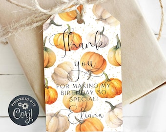 Puede incluir: Una etiqueta de agradecimiento blanca con un patrón de calabaza. La etiqueta dice "¡Gracias por hacer mi cumpleaños tan especial! Eliana".