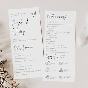 Modèle de programme de mariage moderne, programme minimaliste imprimable de commande de service, programme long de cérémonie d'icônes modifiables, téléchargement numérique, #MW4