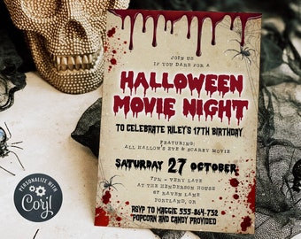 Halloween Movie Night Invitation Template, Printable Scary Movie Marathon Invite, Editable Spooky Birthday Party Invite, Digital Download
