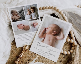 Thank You Birth Announcement Template, Printable Photo Newborn Birth Cards, Minimalist Simple Birth Announcement Editable, Digital Download