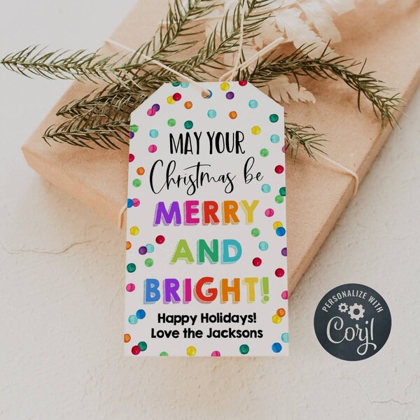 Merry and Bright Christmas Gift Tag Template, Printable Holiday Gift Tag, Editable Rainbow Bright Kids Christmas Favor Tag, Instant Download