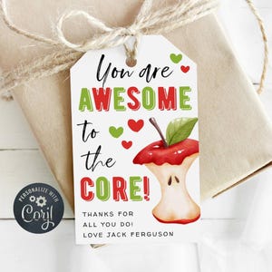 Awesome To The Core Appreciation Gift Tag Template, Printable Apple Teacher End Of Year Favor Tag, Editable Thank You Tag, Instant Download