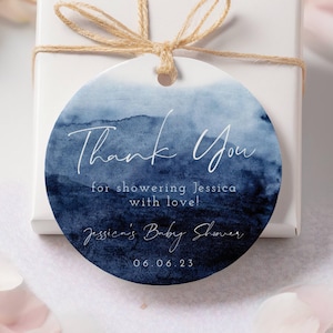 Navy Watercolor Baby Shower Round Gift Tag Template, Printable Circle Favor Tags, Editable Dark Blue Ombre Tags, Instant Download, #OS
