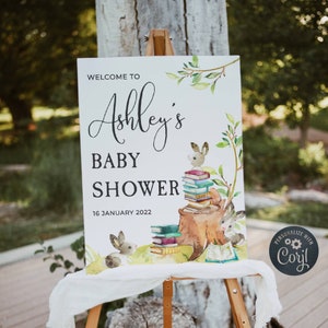 Storybook-Babyparty-Willkommensschild-Vorlage, druckbares Buch unter dem Thema Hasen-Dusche, bearbeitbares geschlechtsneutrales Poster, Sofort-Download, #BT