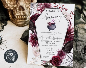Mall för Halloween-babyshowerinbjudan, utskrivbar "En bebis brygger kittel"-inbjudan, redigerbar oktober-babyshower, digital nedladdning, #H4