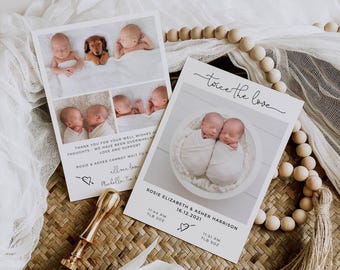 Twin Babies Birth Announcement Template, Printable Newborn Cards With Photos, Editable Twice The Love Thank You, Digital Download