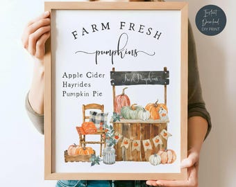 Farm Fresh Pumpkins Printable Wall Art, Fall Pumpkin Harvest Decor, Watercolor Autumn Print, Fall Farmhouse Sign, Digital Download