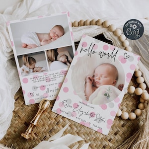 Modèle de faire-part de naissance taches modernes, carte de naissance imprimable à pois roses, mot de remerciement modifiable pour bébé nouveau-né, téléchargement immédiat