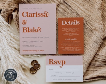 May include: Wedding invitation suite with a pink and orange color scheme. The invitation features the names Clarissa & Blake in a retro font. The details card includes information about the wedding ceremony and reception. The RSVP card has a section for guests to indicate their attendance and dietary requirements.