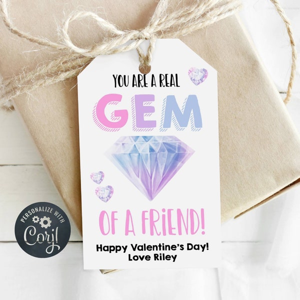 Gem Valentine's Day Gift Tag Template, Printable Ring Pop Valentine Favor Tag, Editable Pastel Gemstone Class School Tag, Instant Download