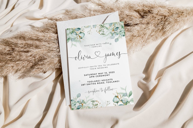 Greenery /& Gold Hearts Wedding Invitation Suite Template Printable Heart Font Invite Set Instant Download #EHF Eucalyptus RSVP Details