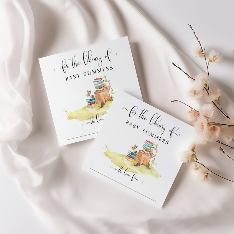 May include: Two square baby library cards with watercolor illustrations. The cards feature the text "for the library of BABY SUMMERS" and "with love from". The illustrations depict a stack of books, a bunny, and a tree stump.