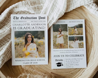 Newspaper Graduation Party Invitation Template, Printable Modern Photo Graduate Announcement, Editable Senior Grad Invite, Digital Download