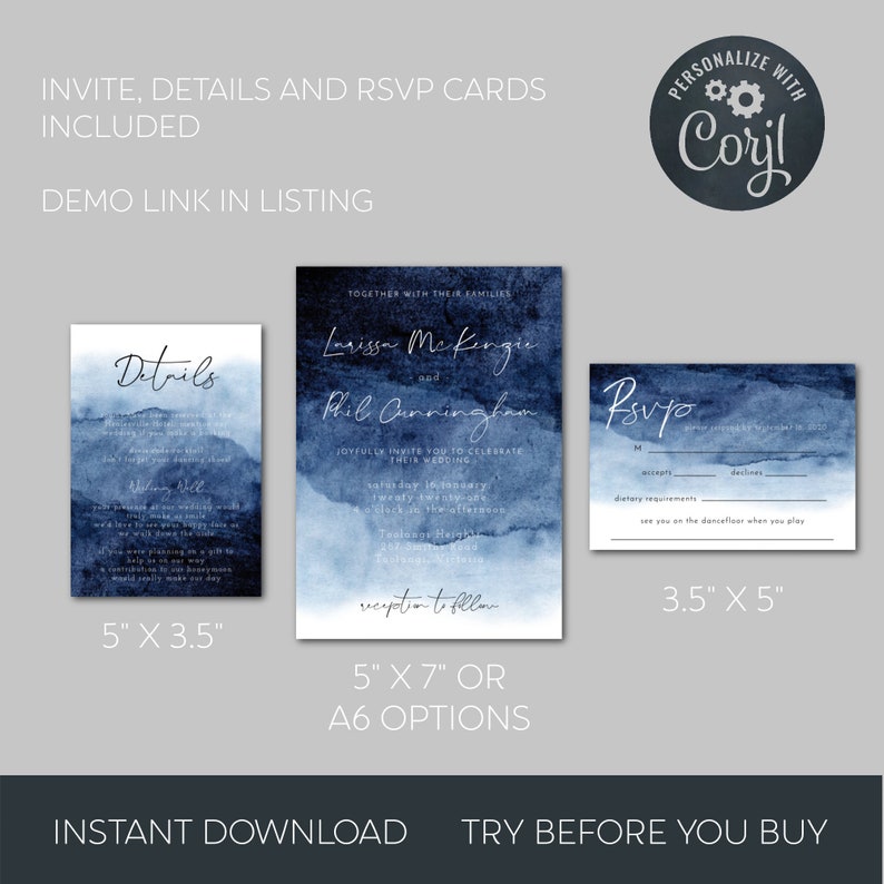 Navy Ombre Watercolor Wedding Invitation Set Template, Printable Dark Blue Invite Suite, Editable Details, RSVP, Instant Download WC1 image 6