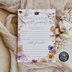Modèle de carte de conseils de fleurs sauvages roses et souhaits pour le diplômé, conseils de remise des diplômes à imprimer, jeu de société modifiable pour diplômés, téléchargement immédiat, #G4