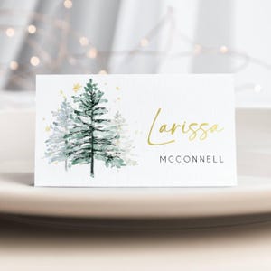 Plantilla para tarjeta de lugar con diseño de pinos navideños, tarjetas de nombre para fiestas imprimibles, tarjeta editable con asiento de abeto para boda de invierno, descarga instantánea, #CPT
