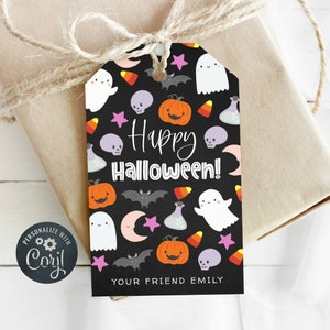 Printable Halloween Favor Tag Template, Editable Cute Halloween Gift Tags, Ghost Pumpkin Skull Bats Spooky Treat Bag Tags, Instant Download