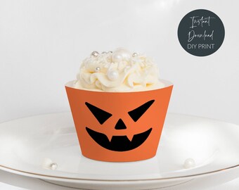 Printable Halloween Cupcake Wrappers, Pumpkin Cupcake Wraps, Orange Jack-o-lantern Cupcakes, Halloween Party Decor, Instant Download