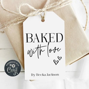 Modèle d'étiquette cadeau minimaliste cuit avec amour, étiquette de faveur de cuisson cookie simple moderne imprimable, étiquette de boulangerie cuisine modifiable, téléchargement immédiat