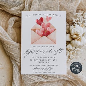 Plantilla de invitación para la fiesta de chicas de Galentine's Girls Night, invitación imprimible con carta de amor para San Valentín, invitación editable para brunch con amigos, descarga instantánea