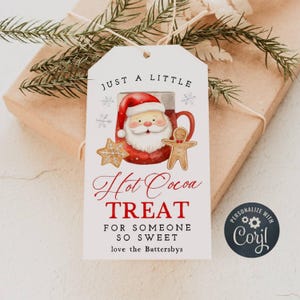 Hot Cocoa Treat Christmas Gift Tag Template, Printable Hot Chocolate Favor Tag, Editable Holiday Cute Santa Mug Tag, Instant Download
