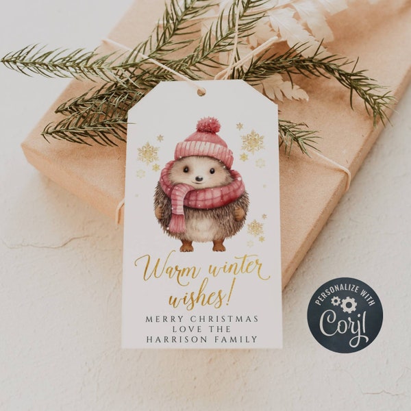 Warm Winter Wishes Christmas Gift Tag Template, Printable Hedgehog Holiday Favor Tag, Editable Winter Appreciation Tag, Instant Download