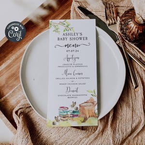 Szablon menu na baby shower z bajki, karty menu na shower z motywem książki do wydrukowania, edytowalne menu książek neutralnych pod względem płci, natychmiastowe pobieranie, #BT