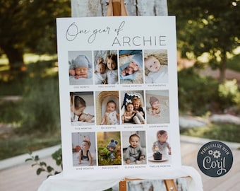 Printable Baby&#39;s First Year Poster Template, Modern 1st Birthday Photo Collage Sign, Editable Year In Pictures Board, Instant Download, #B1