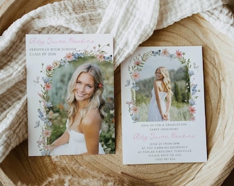 Plantilla de invitación de graduación con flores silvestres, foto en arco imprimible, anuncio de graduación moderno, invitación de graduación editable, descarga digital, #G7