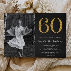 60th Birthday Photo Invitation Template, Printable Gold Glitter Sixty Invite, Editable 60th Party Invite, Any Age Birthday, Instant Download
