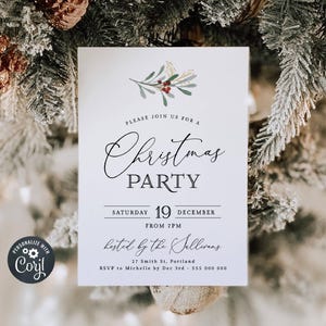 Minimalist Christmas Invitation Template, Printable Simple Holiday Party Invite, Editable Modern Holly Xmas Invite, Instant Download, #MH