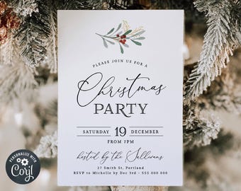May include: A white Christmas party invitation with a green and gold holly sprig illustration. The text reads "Please join us for a Christmas Party, Saturday 19 December from 7pm, hosted by the Sullivans, 27 Smith St, Portland, RSVP to Michelle by Dec 3rd - 555 000 000".