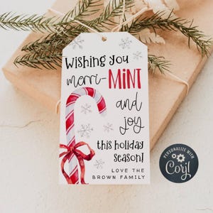 Christmas Mint Gift Tag Template, Printable Wishing You Merry-Mint & Joy This Holiday Favor Tag, Editable Candy Cane Tag, Instant Download