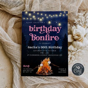 Modelo de convite para fogueira de aniversário rosa, convite para fogueira de acampamento de S'mores para adultos para impressão, convite editável para festa de churrasco no quintal, download instantâneo