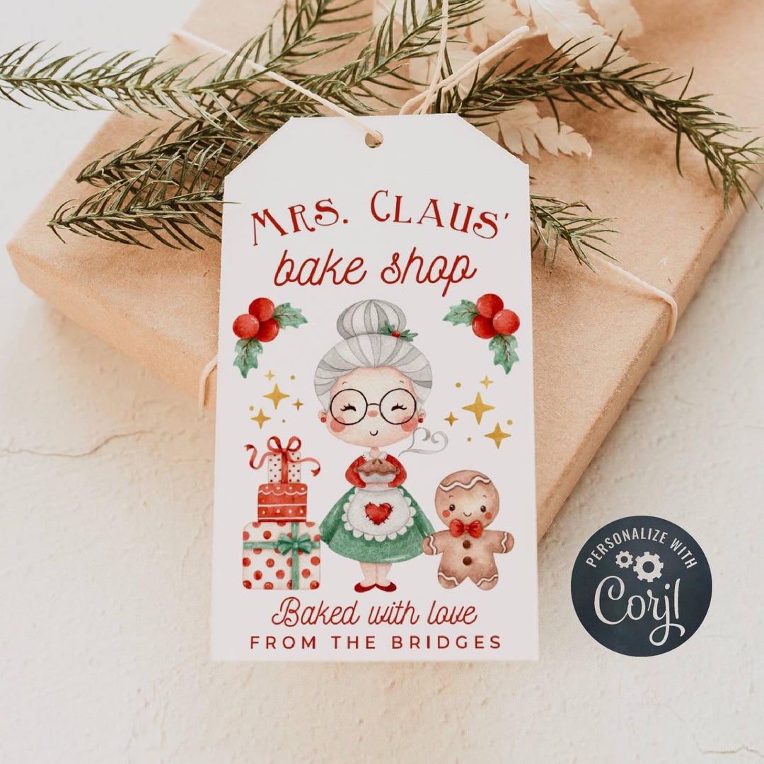 Mrs. Claus' Bake Shop Christmas Gift Tag Template, Printable Baked With ...