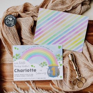 Rainbow Lucky Charm verjaardagsuitnodiging sjabloon, afdrukbare St. Patrick's Day 1e verjaardag uitnodigen, bewerkbare meisje uitnodigen, instant download #PS